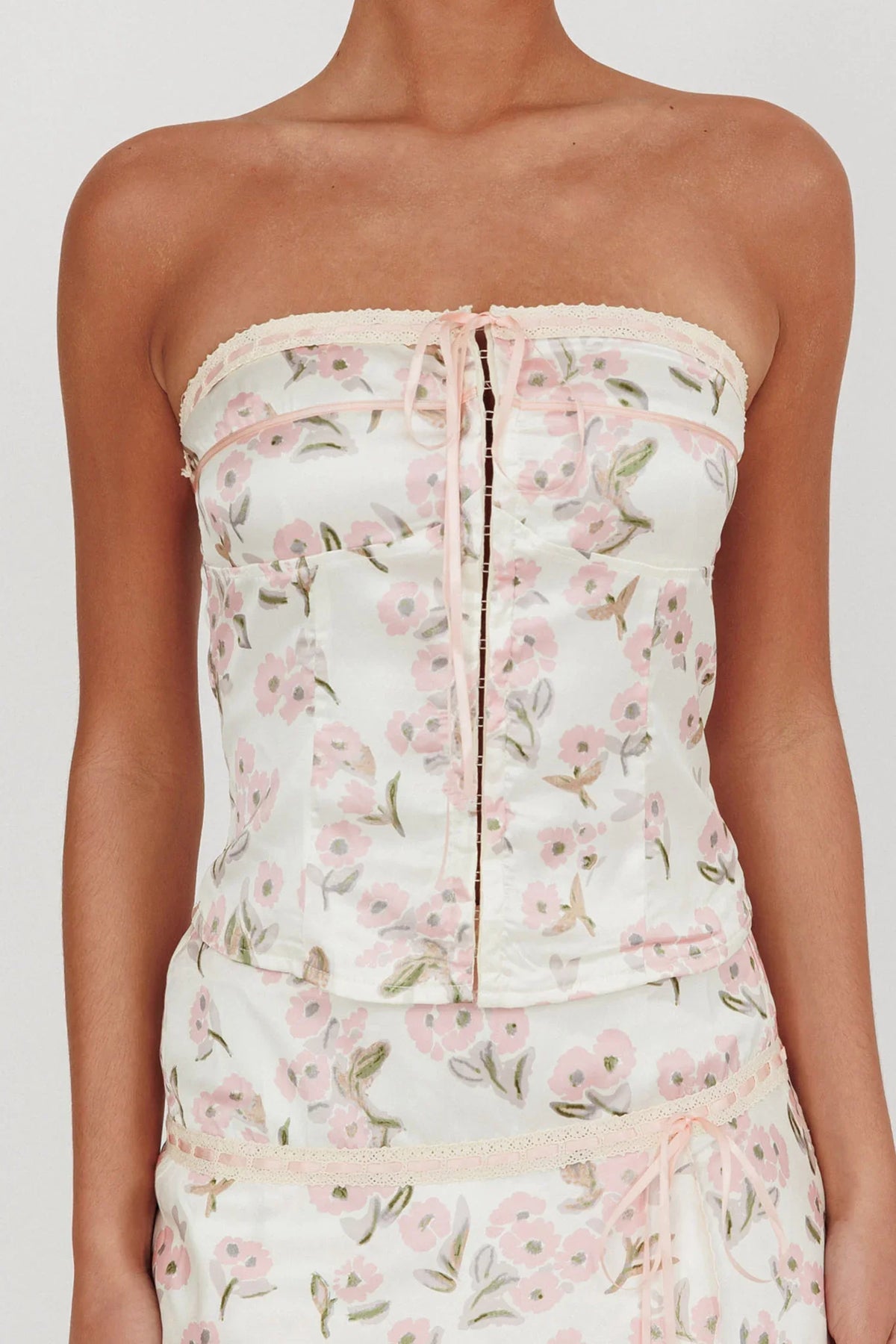 Tiya Strapless Ribbon Top Floral Pink