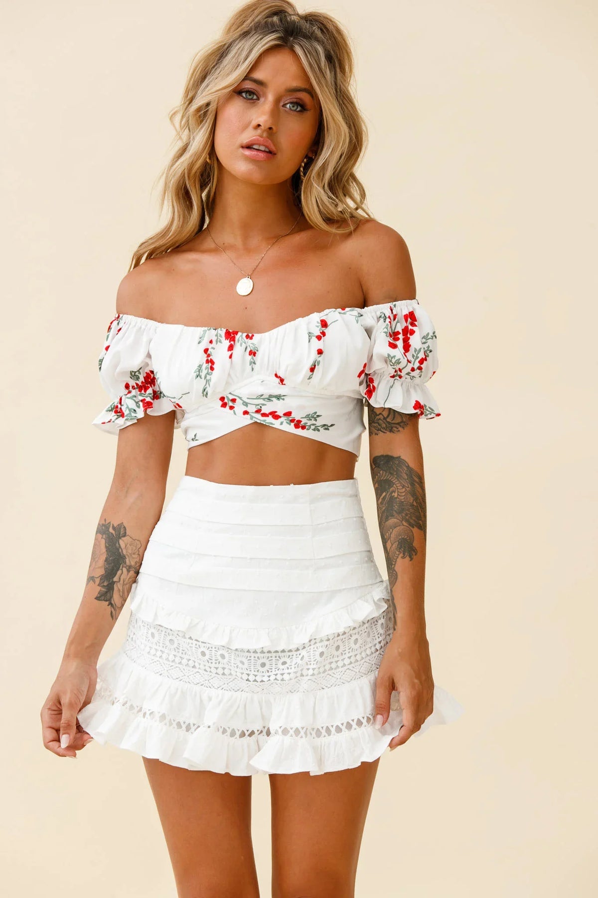 Linka Off-Shoulder Tie-Back Crop Top Red Floral Print White