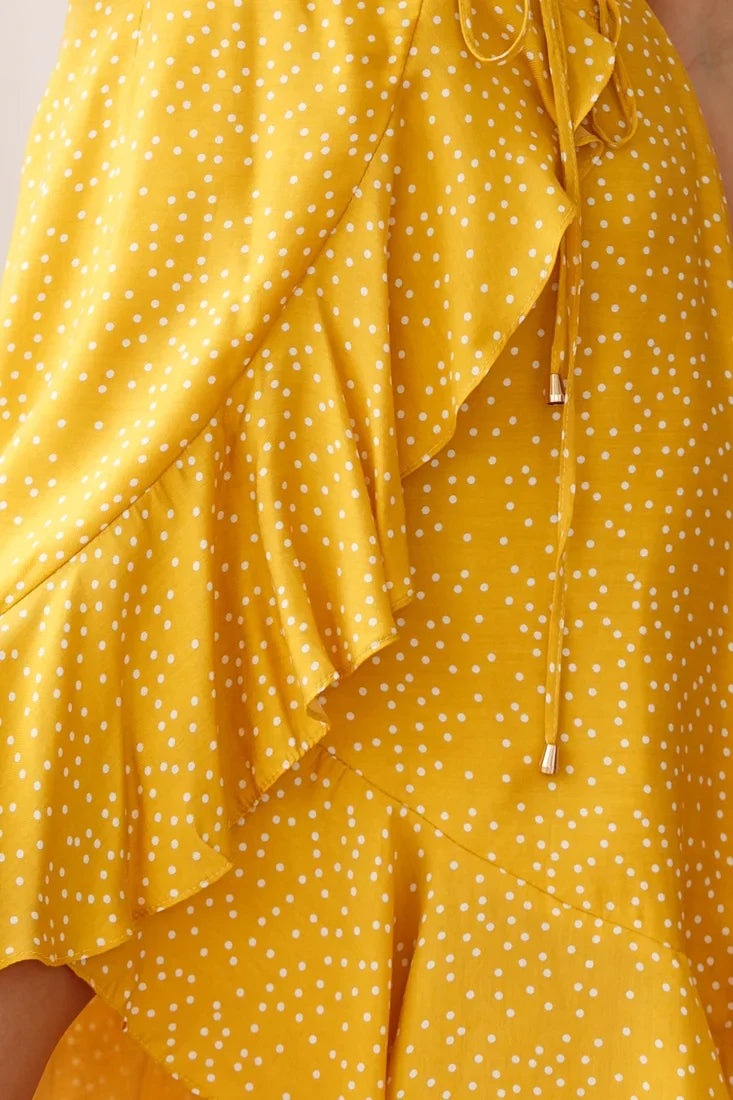 Blessed Wrap Ruffle Hem Midi Dress Dot Print Mustard