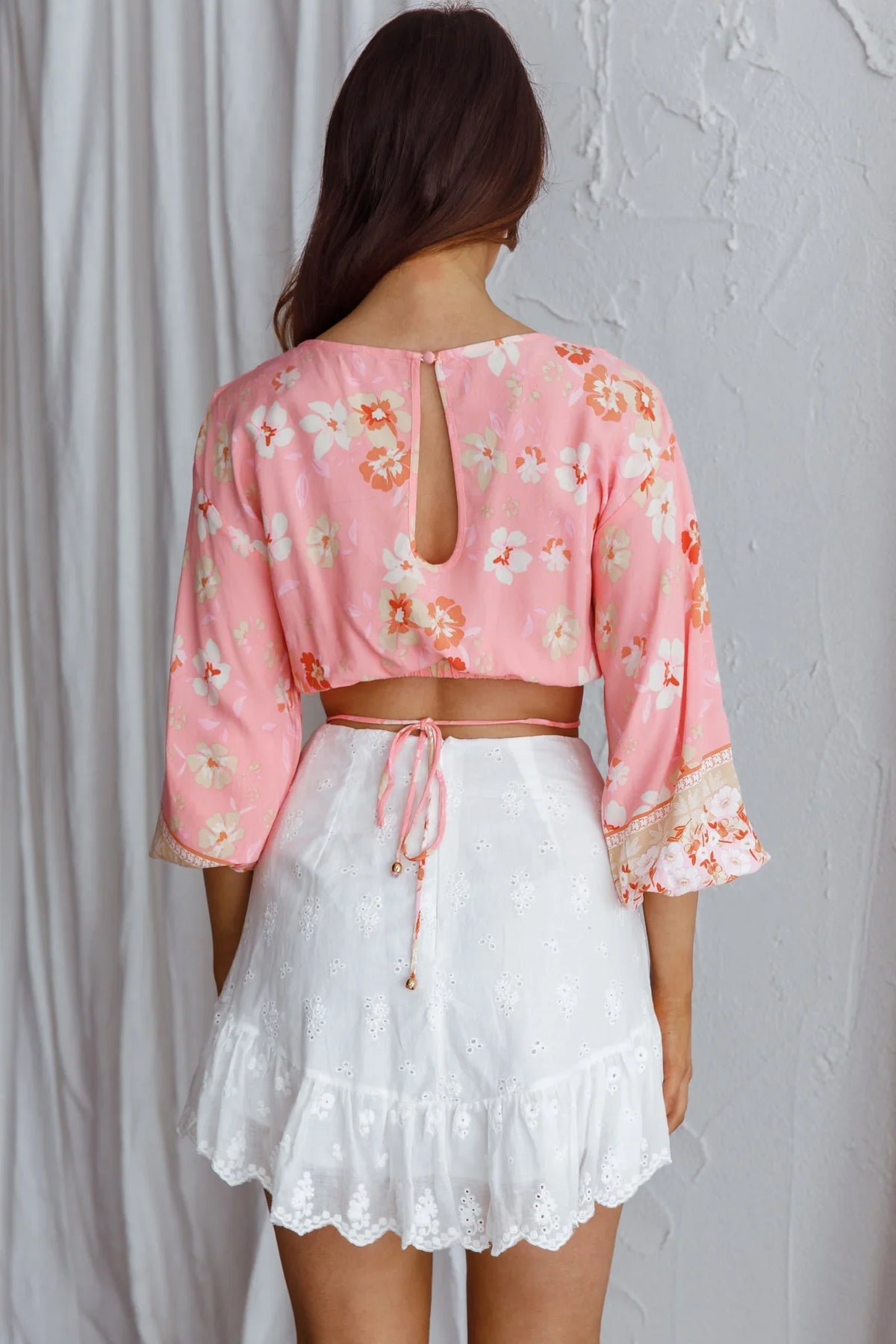 Sea View Long Sleeve Crop Top Floral Pink