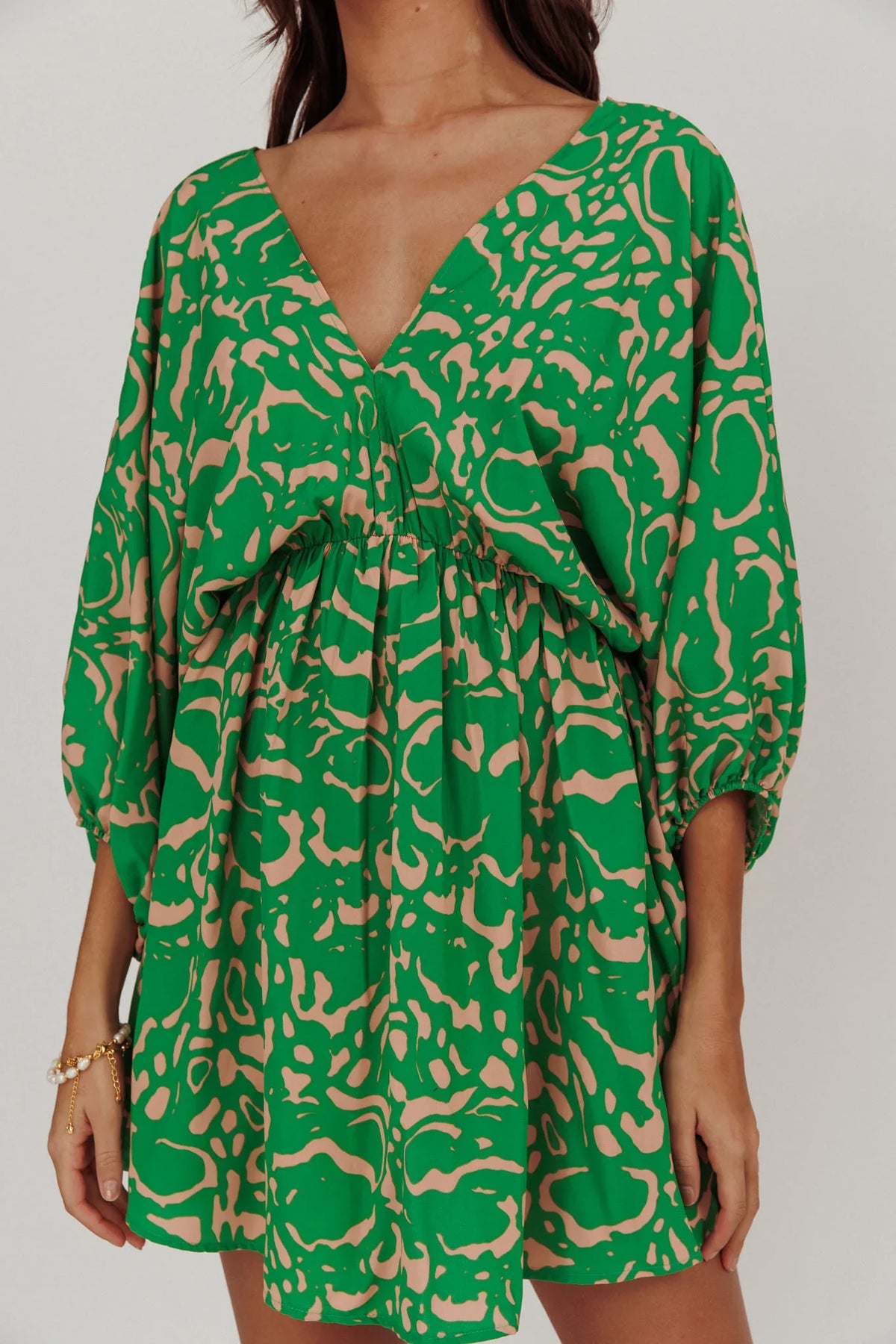 Sugar Coat Print Puff Sleeves Mini Dress Green