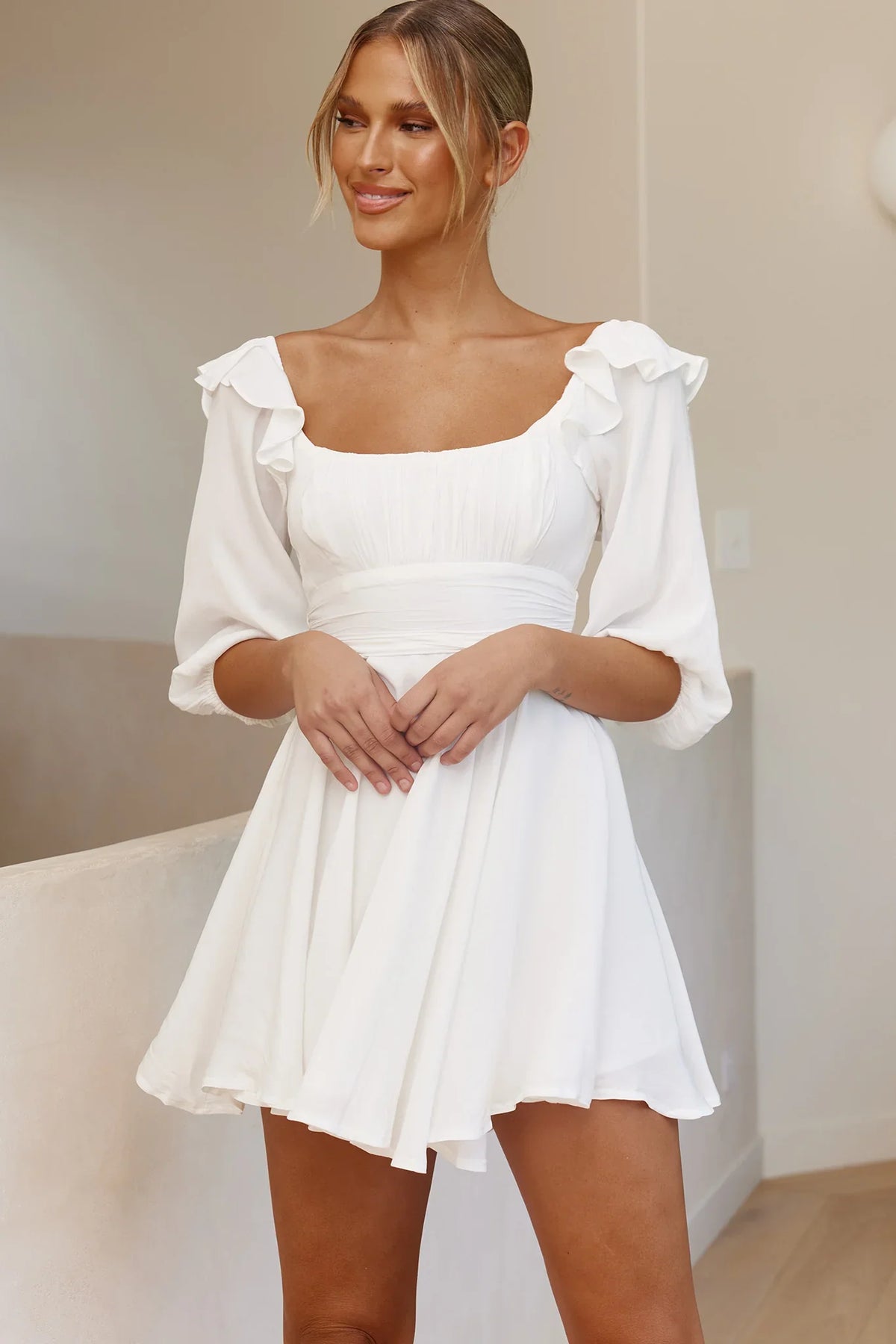 Only Yours Frill Trim Waist Tie Satin Mini Dress White