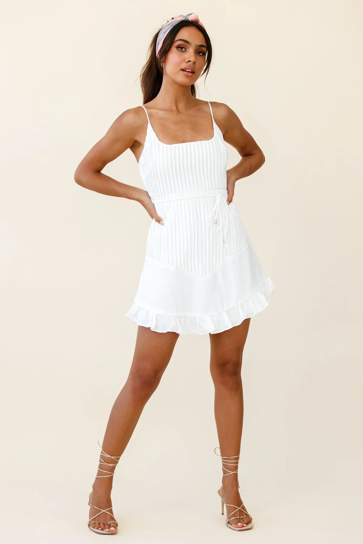 Charmed Pintuck Pleat Spaghetti Strap Dress White