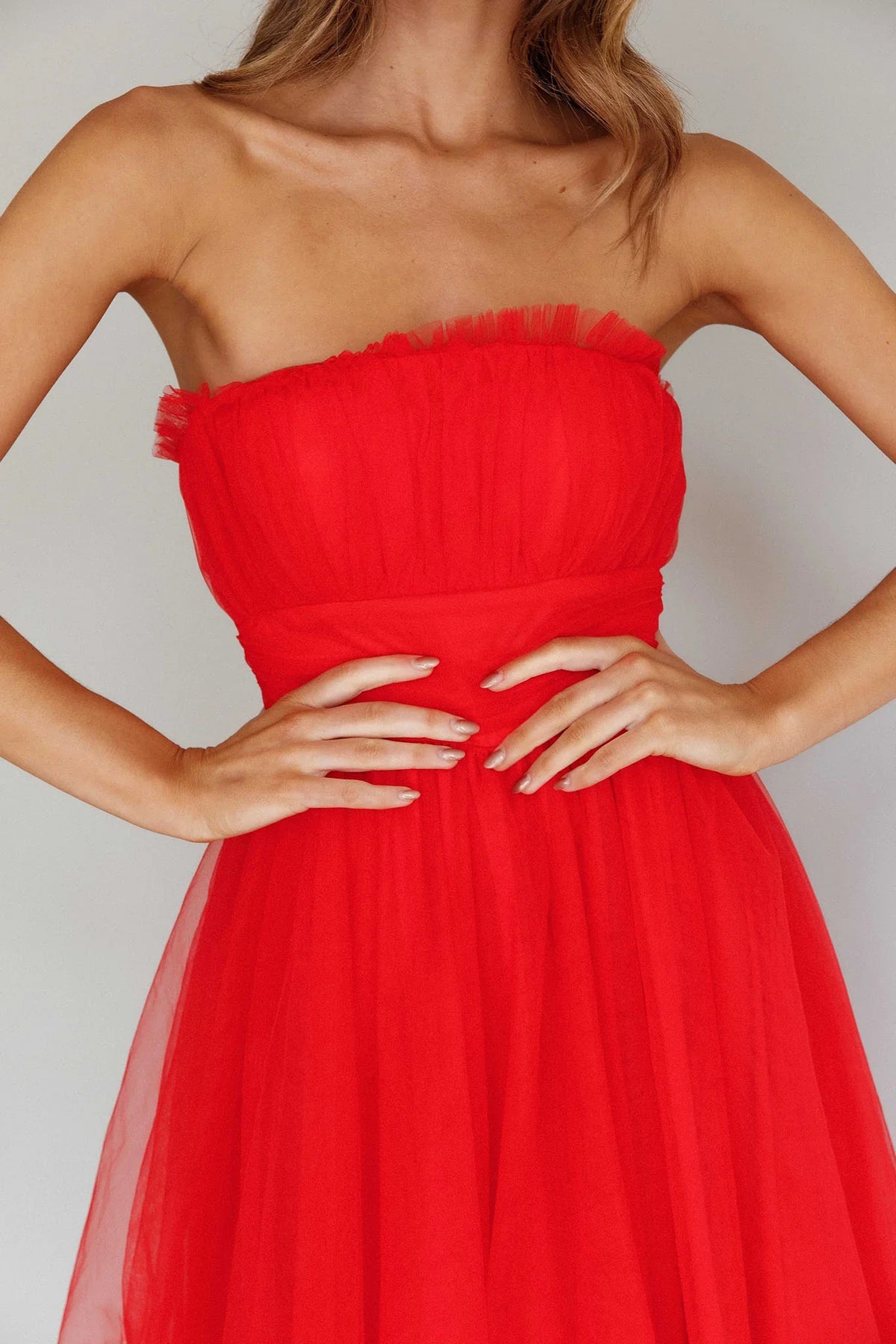 Fayette Strapless Mesh Midi Dress Red