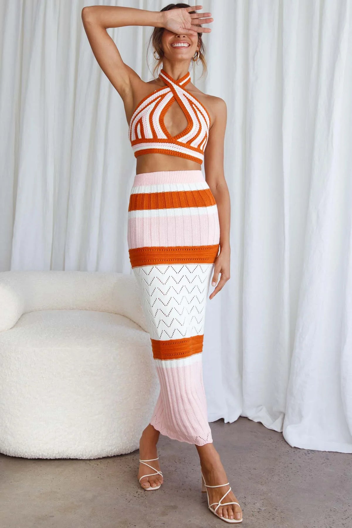 Higher Love Knit Halterneck Crop Top Striped Orange
