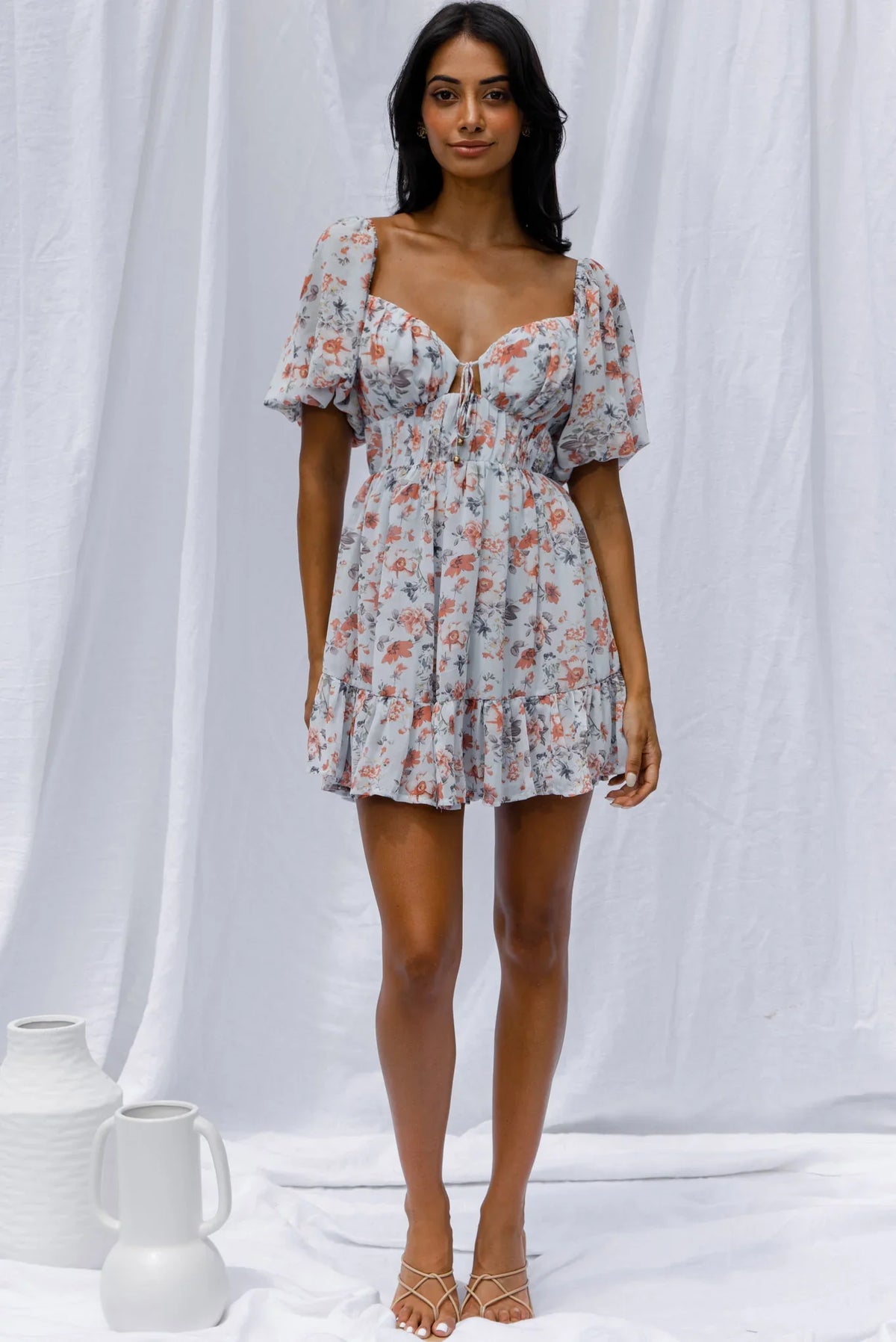 Vista Del Mar Tied Bust Mini Dress Floral Steel Blue