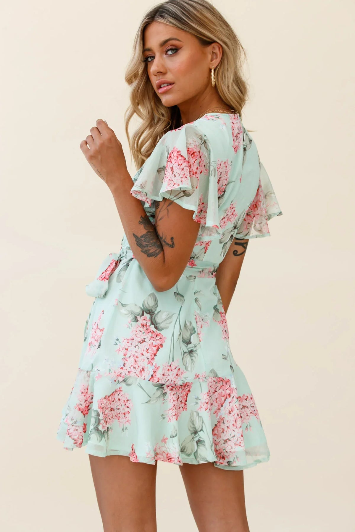 Cami Angel Sleeve Faux Wrap Dress Hydrangea Print Mint/Pink