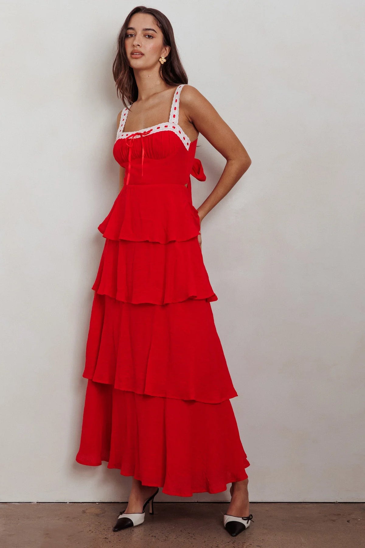 Provence Bloom Tiered Ruffle Maxi Dress Red