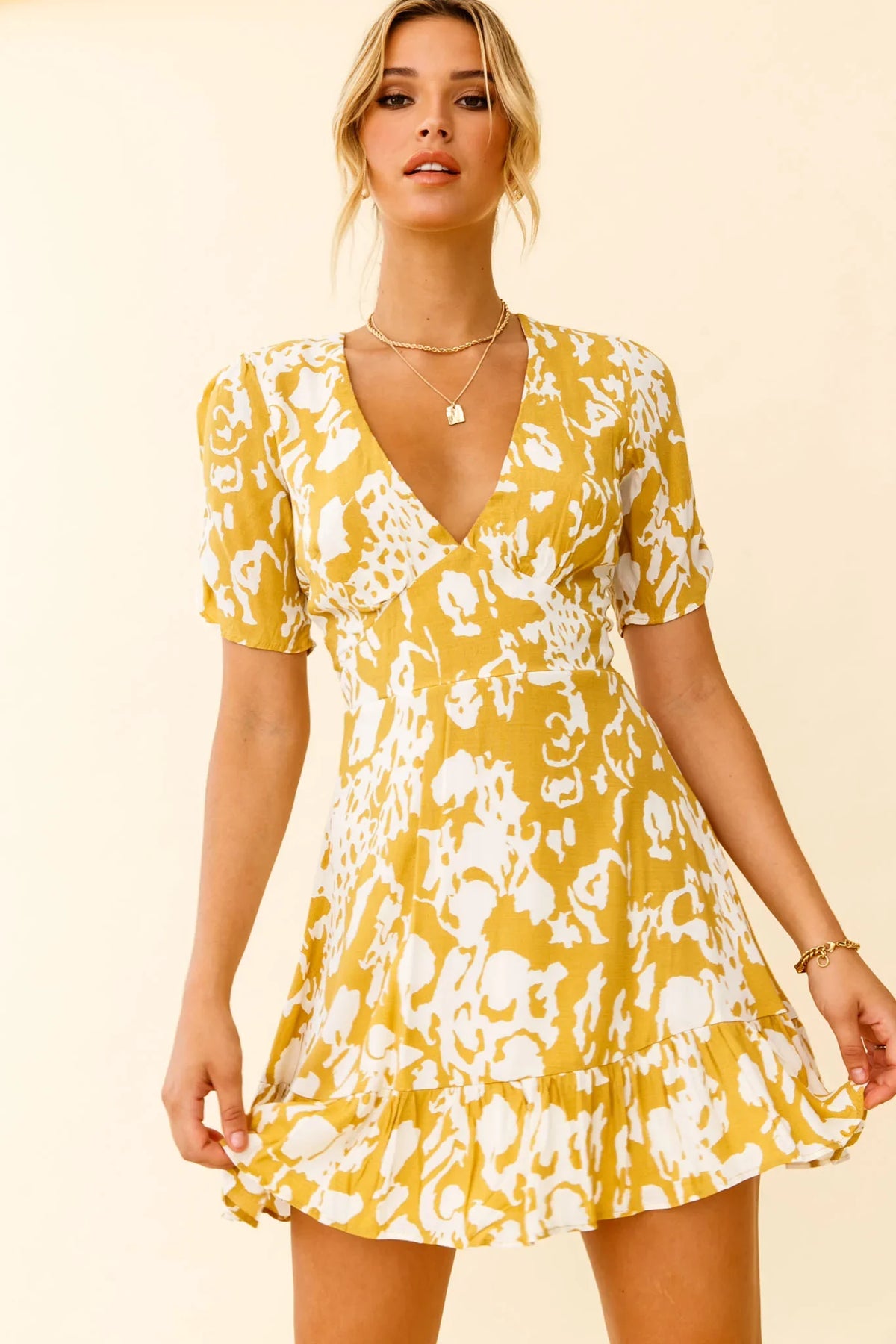 Georgina Ruched Sleeve Tea Dress Stencil Print Mustard