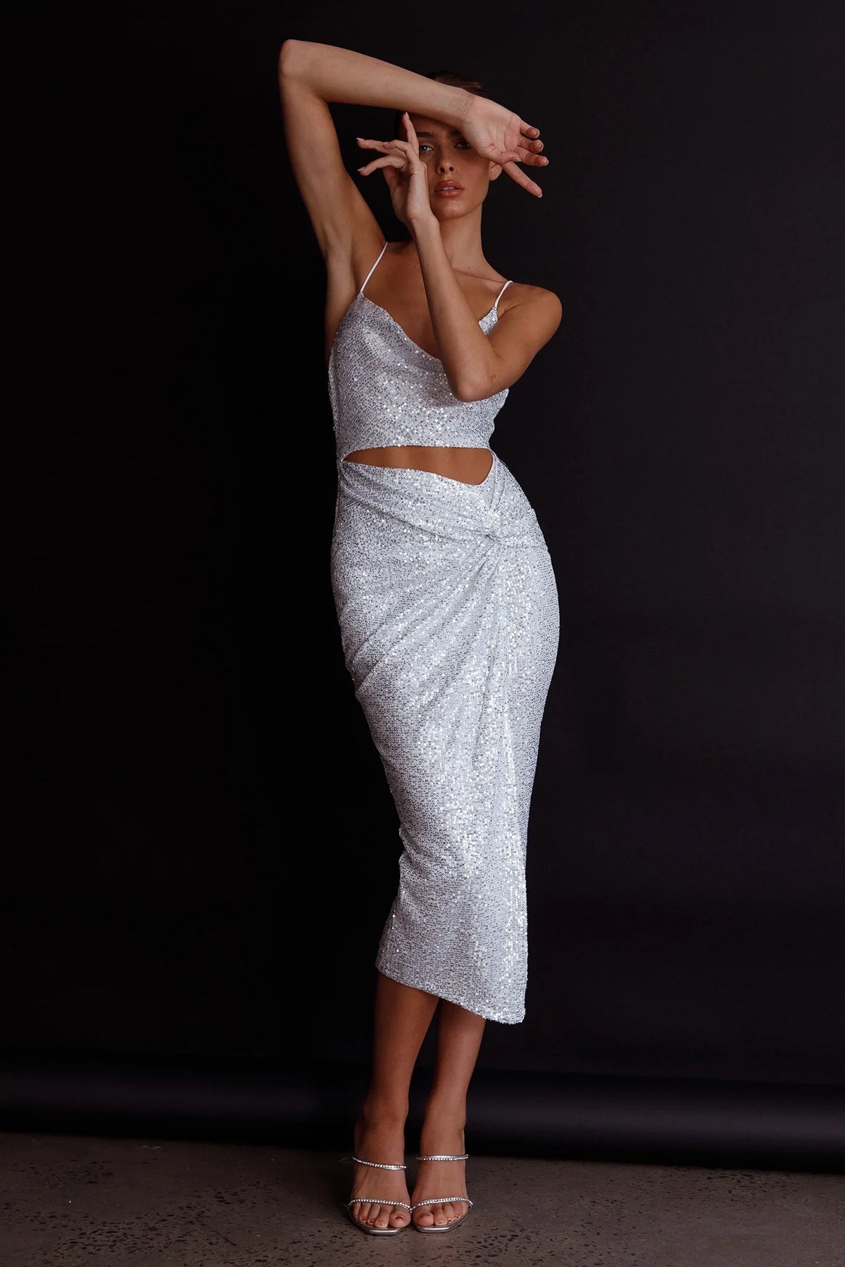 Miami Nights Cowl Neckline Twist Feature Midi Dress Sequin Silver