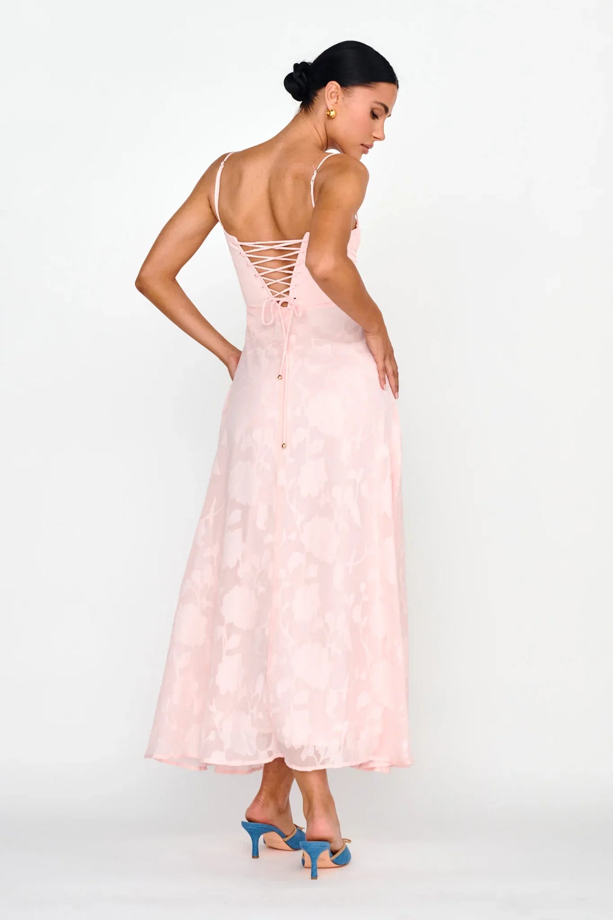 Well Wishing Textured Laced Back Midi Dress Pink