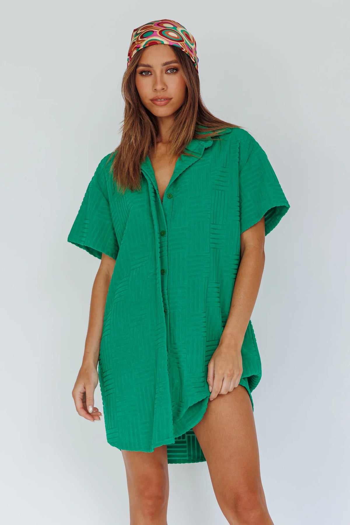 Sun Time Textured Shirt Dress Green