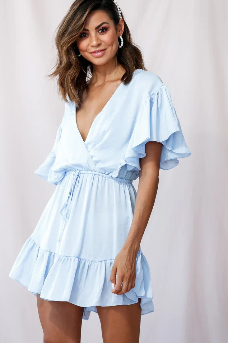 Esme V-Neckline Drawstring Waist Dress Steel Blue