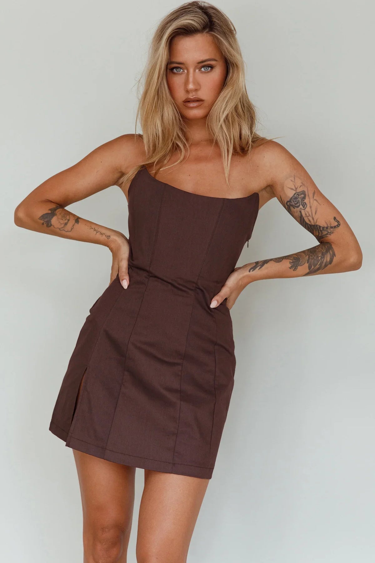 Luann Scoop Neckline Strapless Mini Dress Brown