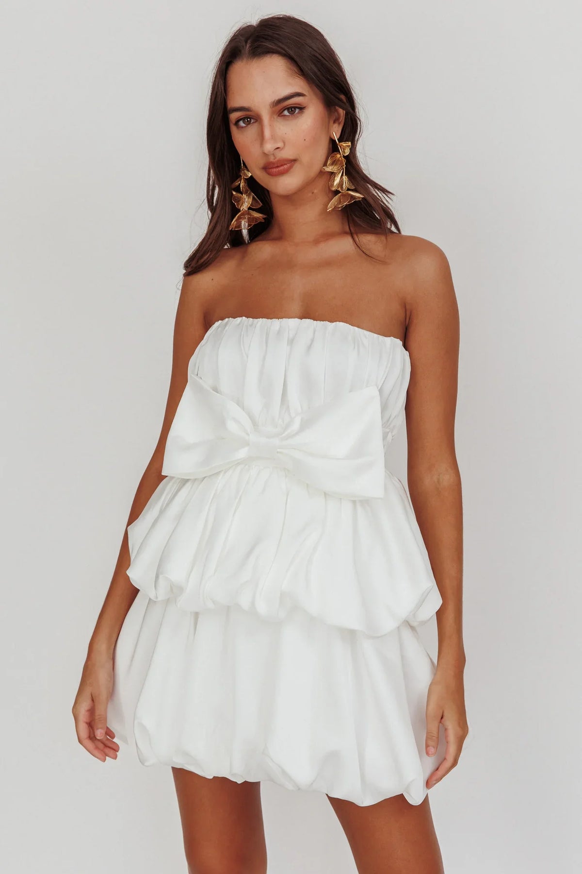 Carmelita Tiered Bubble Bow Mini Dress Off White