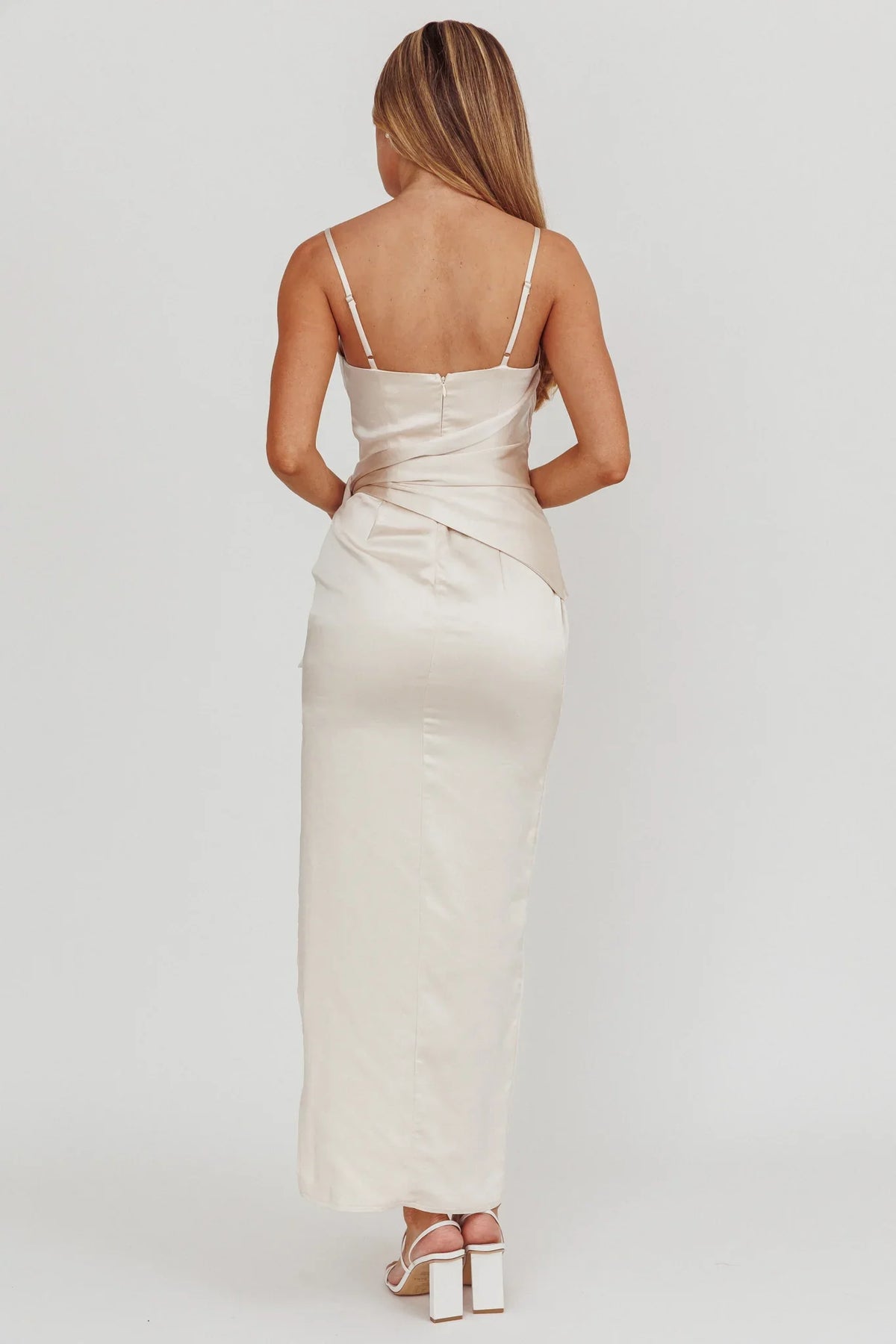 Celestine Waist Tie Satin Maxi Dress Light Champagne