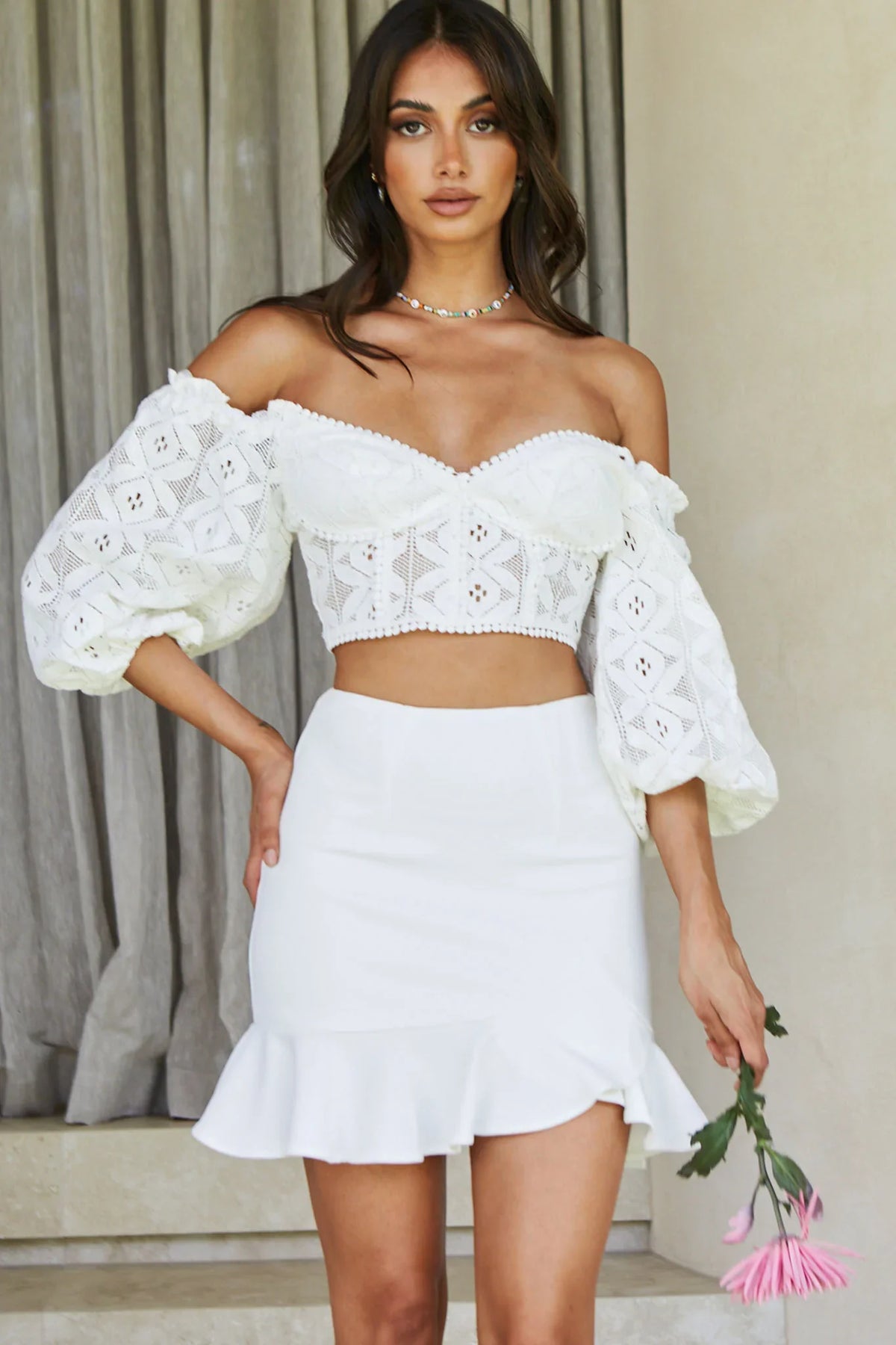Emoji Asymmetrical Ruffle Hemline Skirt White