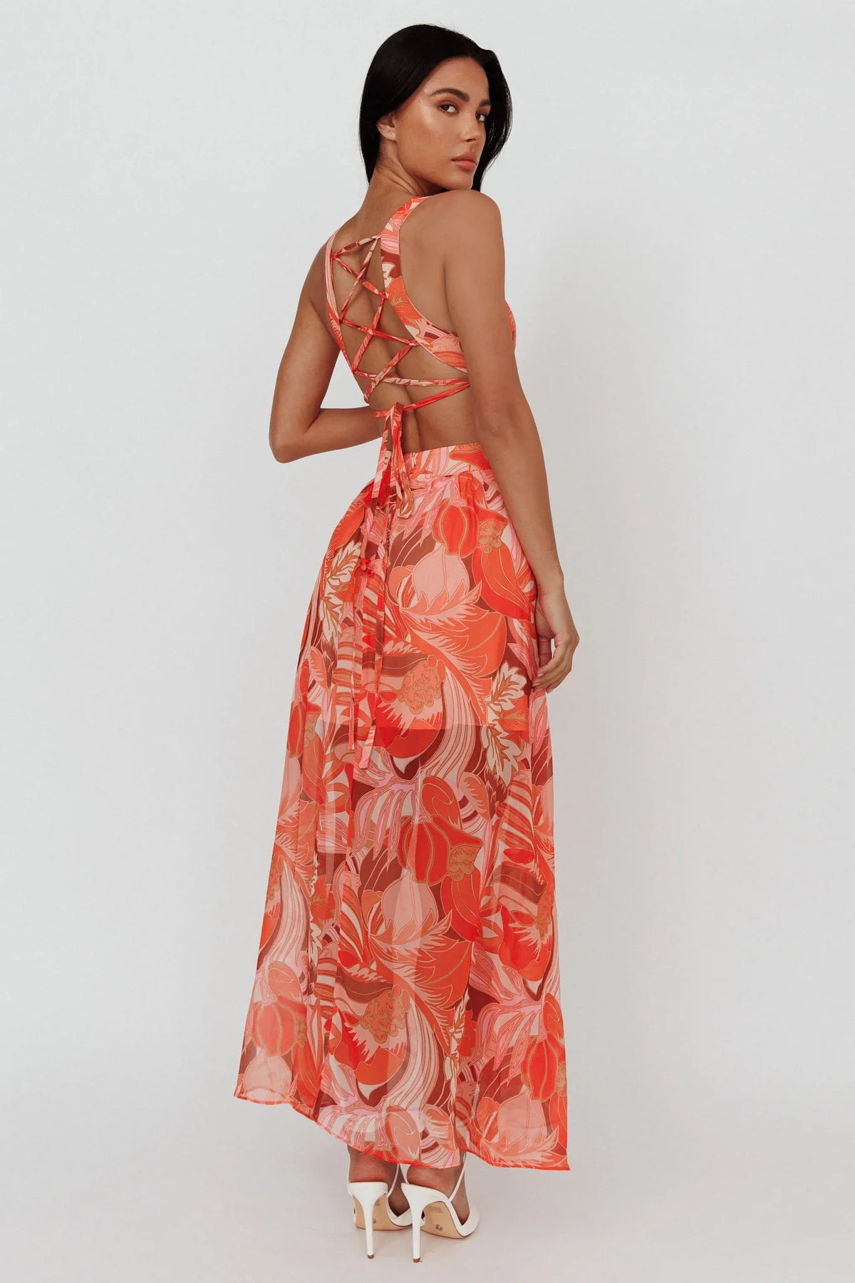 Maura Lace-Up Back Maxi Dress Floral Red