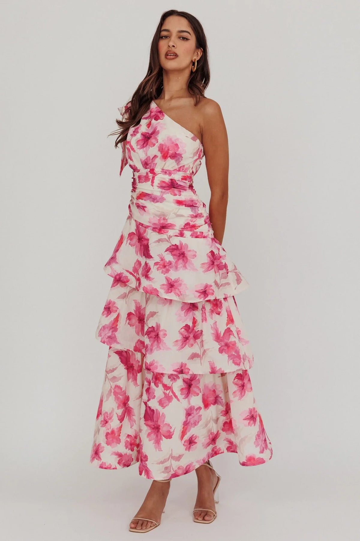 Kenny One Shoulder Tiered Floral Maxi Dress Pink