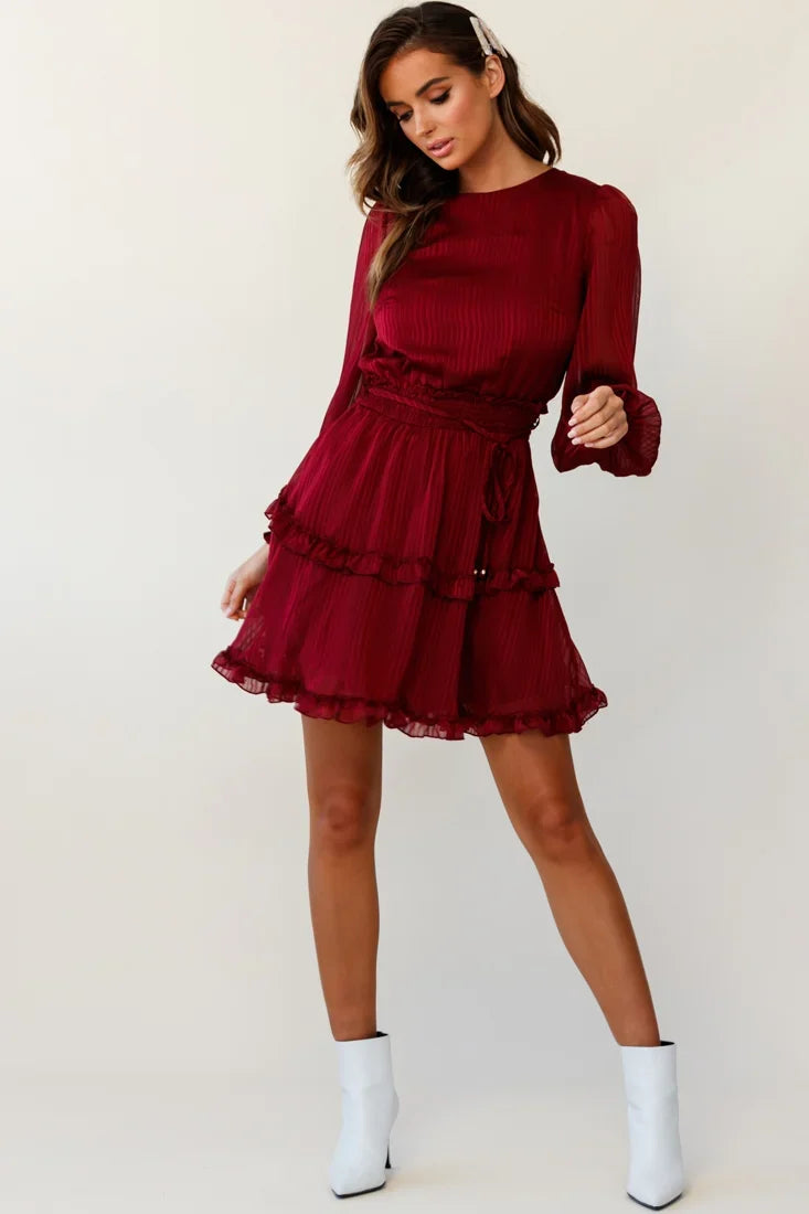 Mildred Long Sleeve Shirred Waist Frill Dress Wine