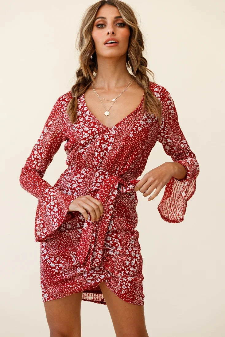 Simona Long Sleeve Wrap Style Dress Floral Print Red