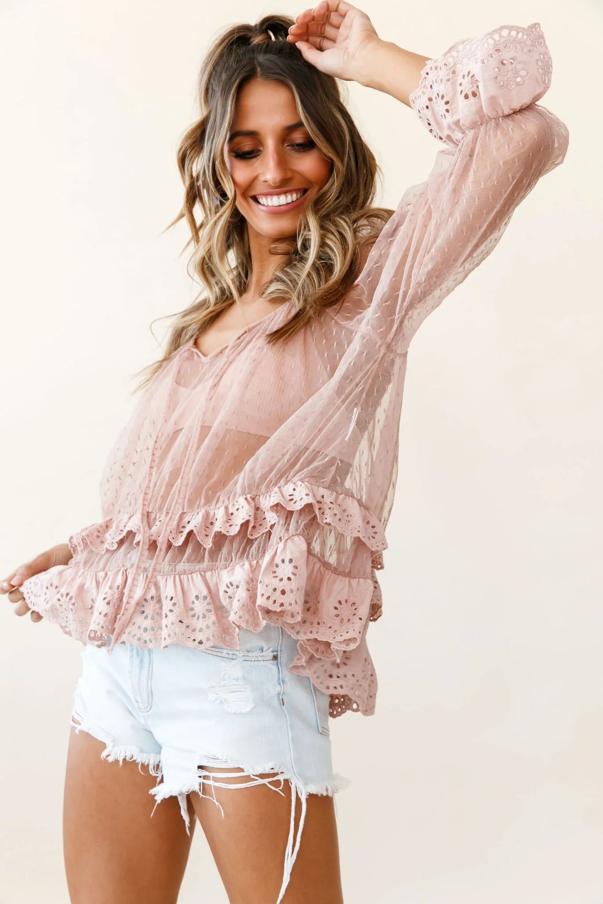 Kiana Adjustable Neckline Tie Hail Spot Mesh Top Mocha