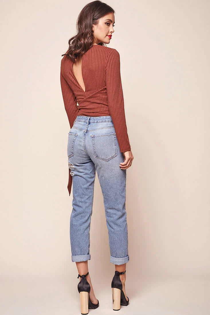 Herieth Long Sleeved Ribbed Bodysuit Chestnut