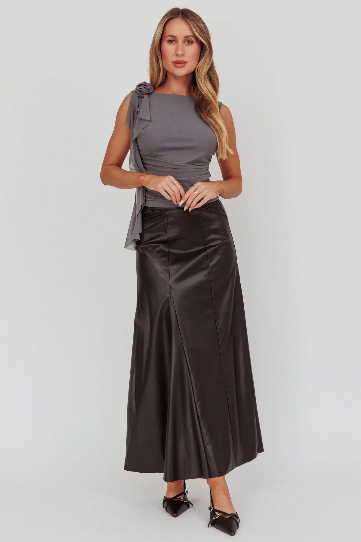 Galaxia A-Line Faux Leather Maxi Skirt Black