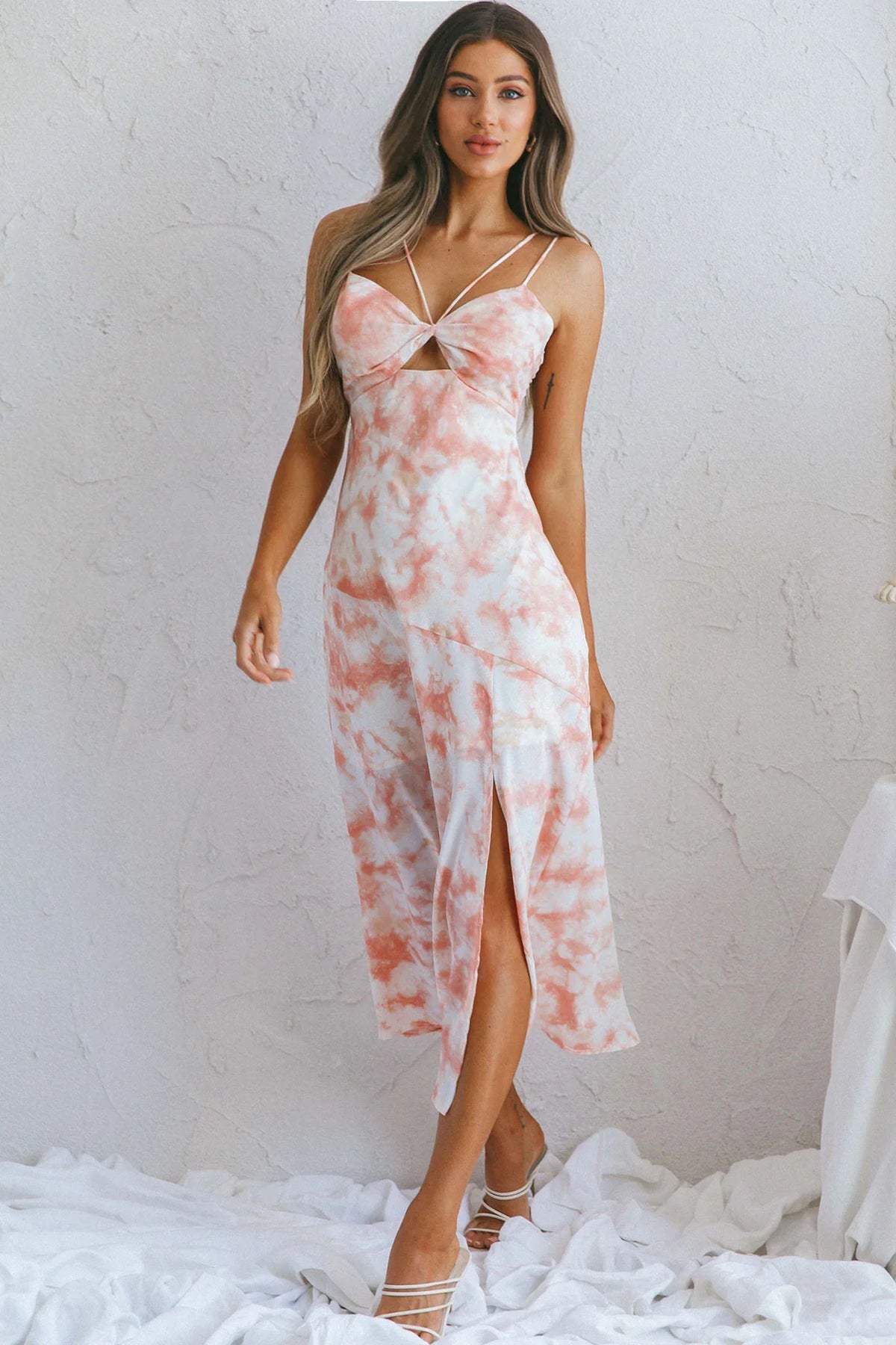 She Reigns Twist Bust Split Midi Dress Tie Dye Pink