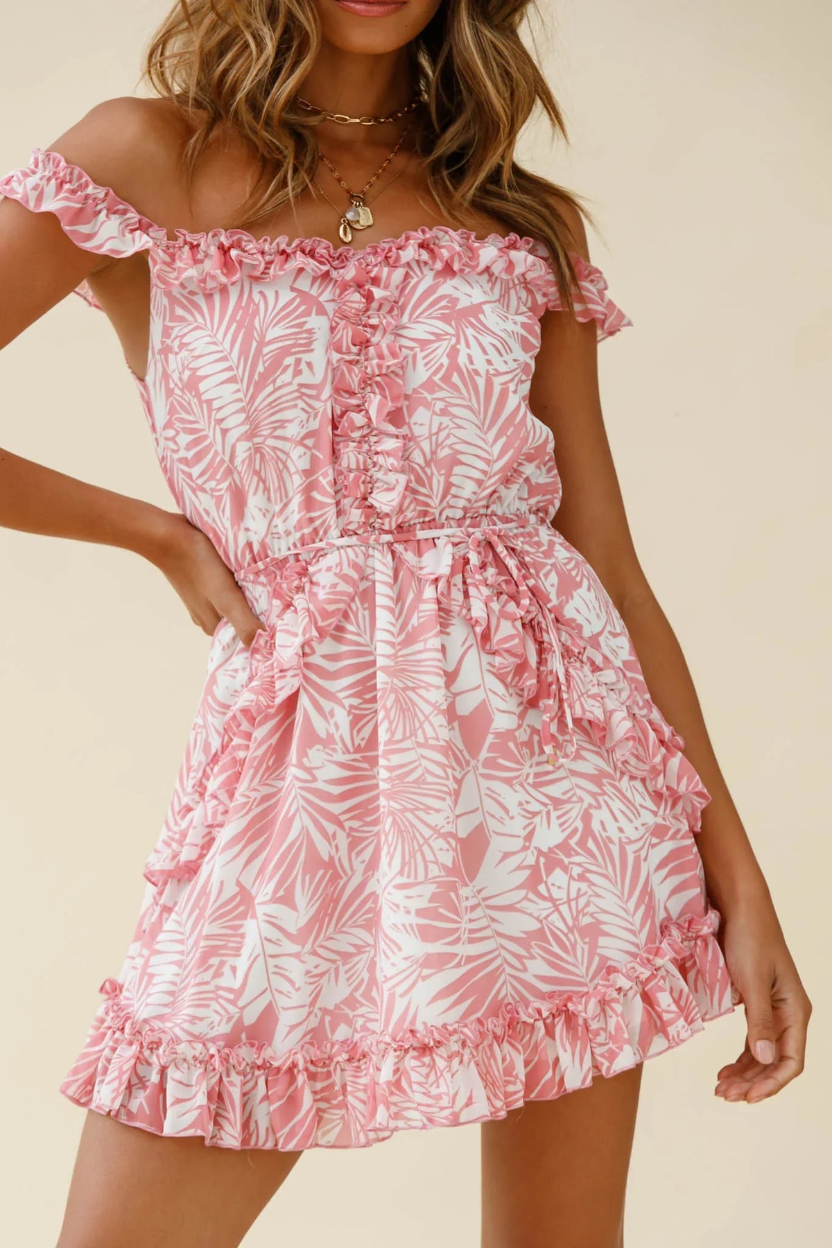 Sail Away Off-Shoulder Frill Accent Dress Tropical Print Pink