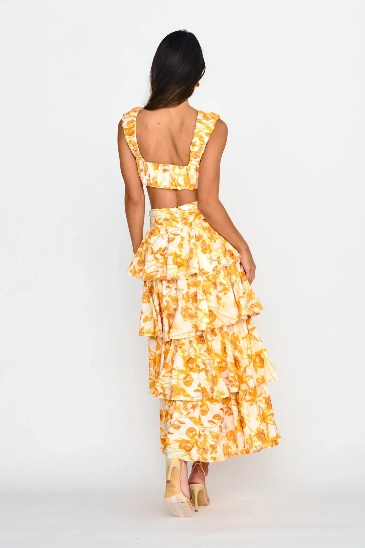 Suenito Gathered Crop Top Floral Orange