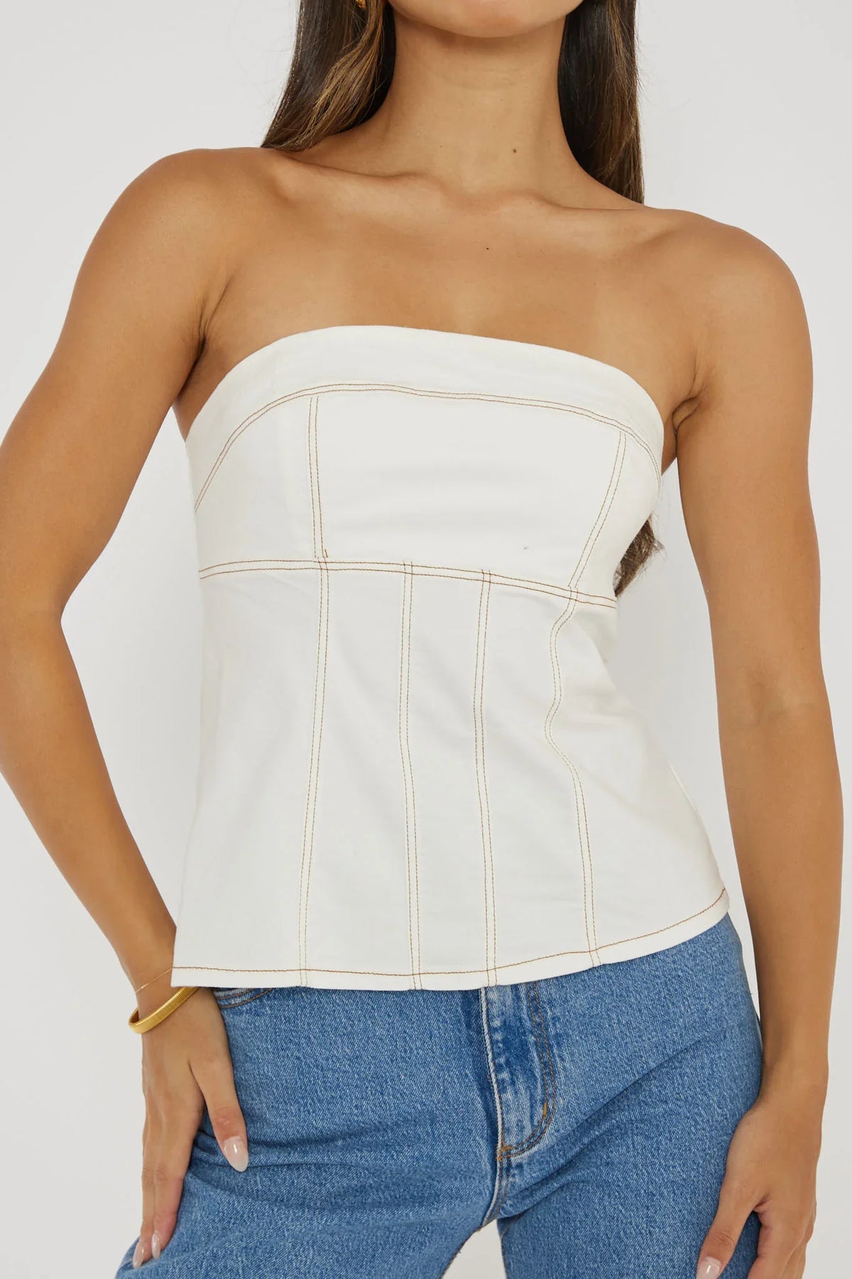 Cathlin Contrast Stitching Strapless Top White
