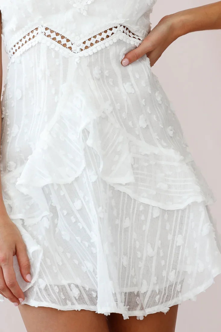 Lullaby Circle Lace Trim Fluted Hem Dress White