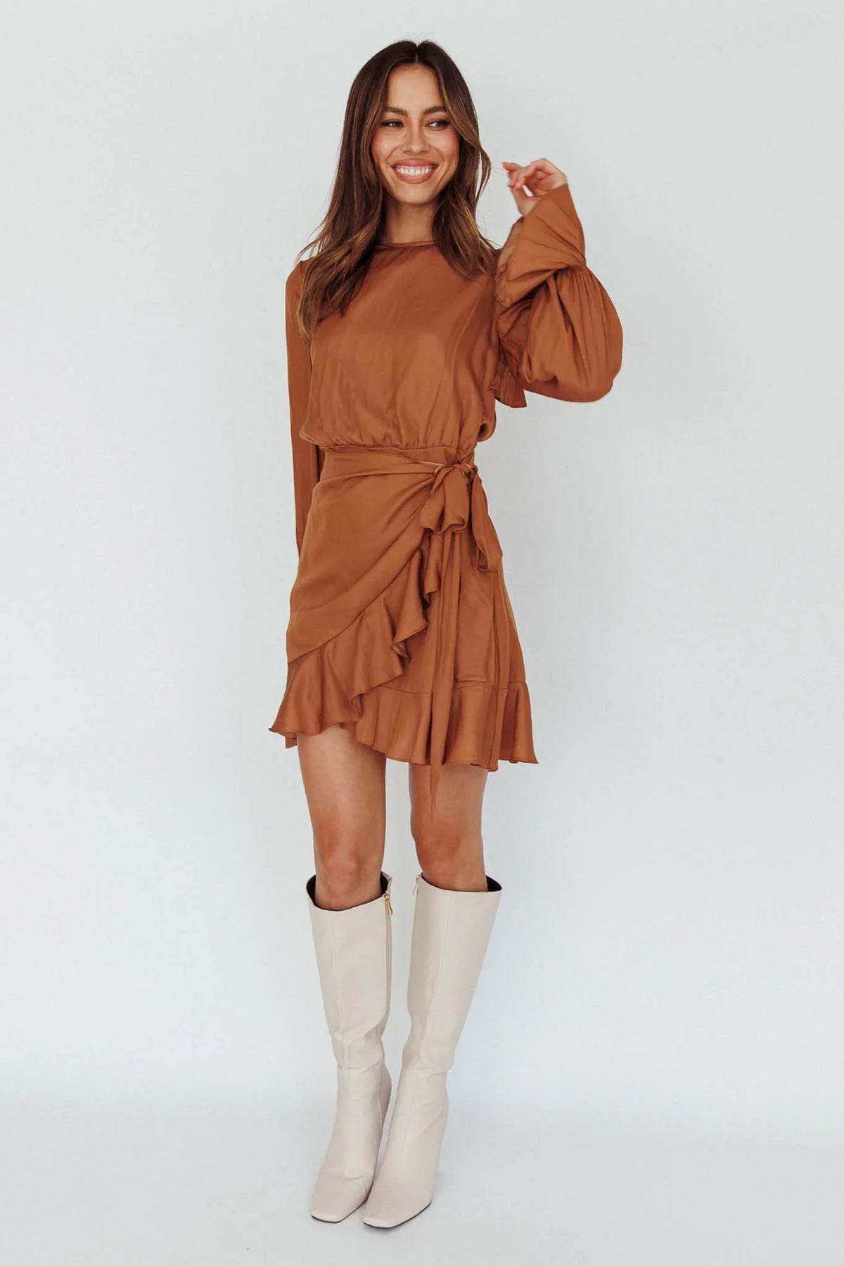 Darla Long Sleeve Satin Dress Tan