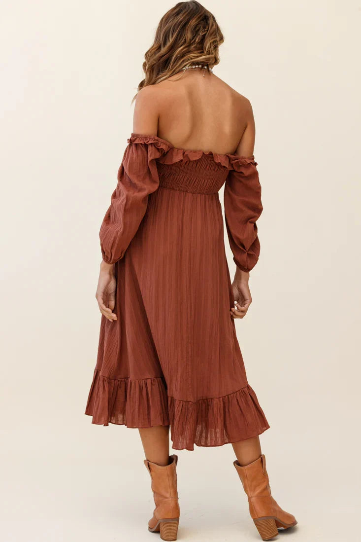 Flynn Off-Shoulder Shirred Bust Midi Dress Tan