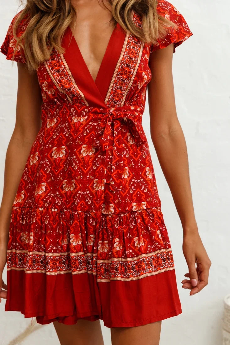 Mayan Angel Sleeve Waist Tie Dress Red Paisley Print