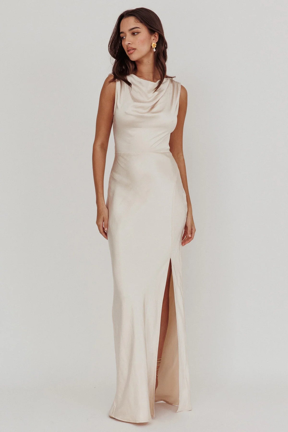 Jinora Cowl Neck Leg Slit Satin Maxi Dress