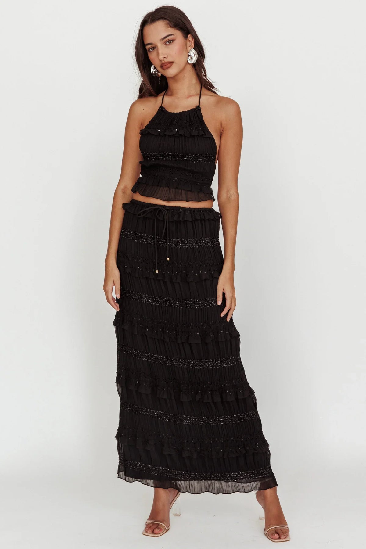 Helios Shirred Sequin Maxi Skirt Black