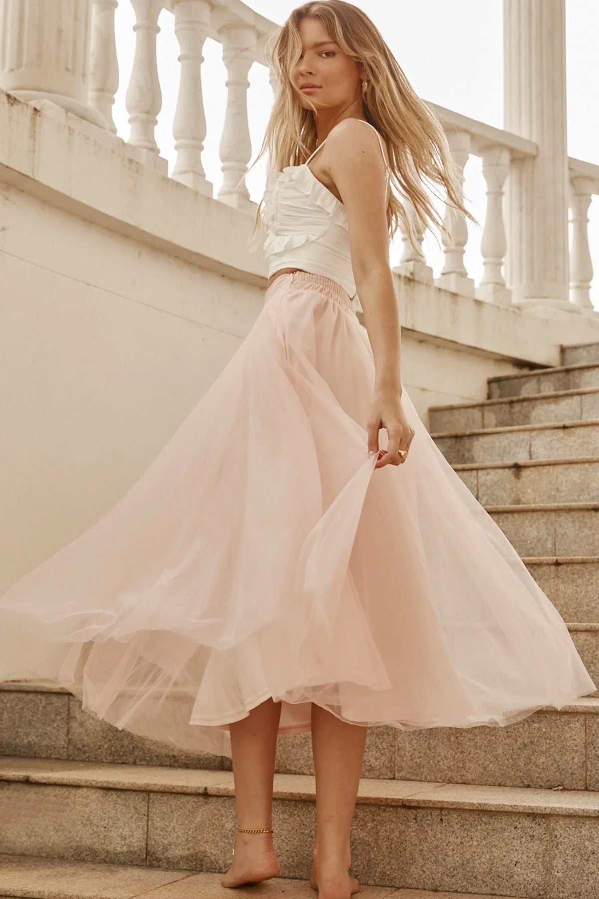 Jasmine Organza Mesh Elasticated Waist Midi Skirt Baby Pink