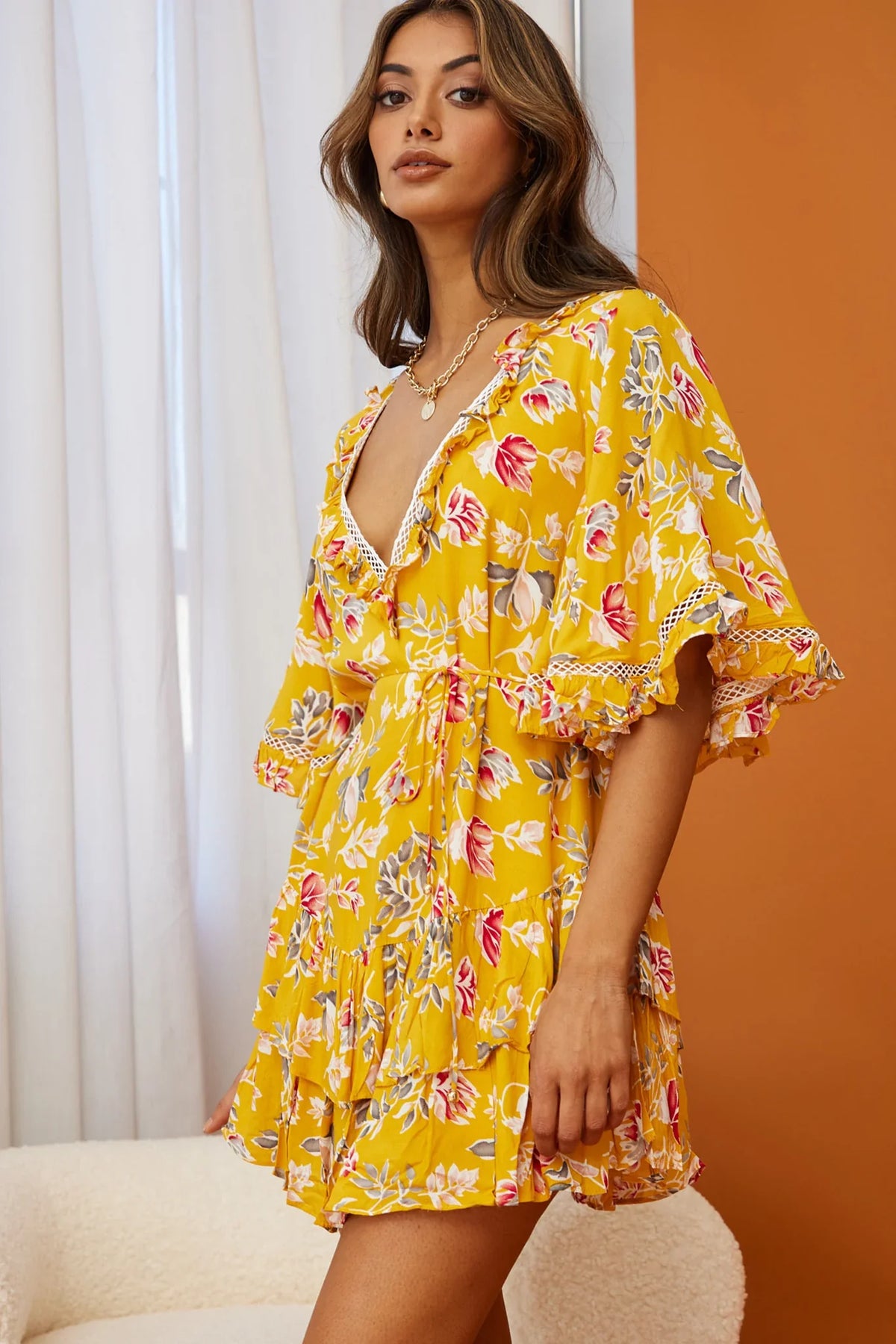 Lotus Crochet Trim Angel Sleeve Dress Floral Print Mustard