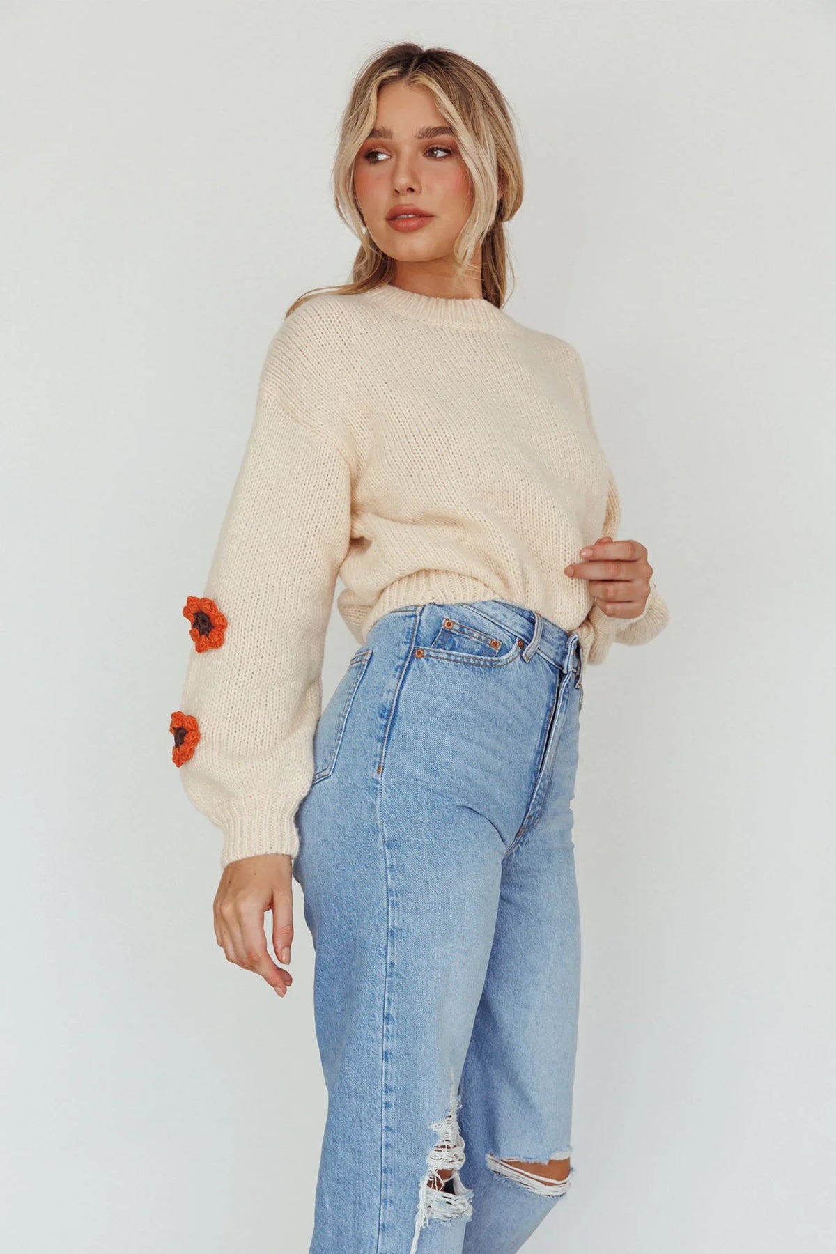 Lighthouse Flower Accent Sweater Cream