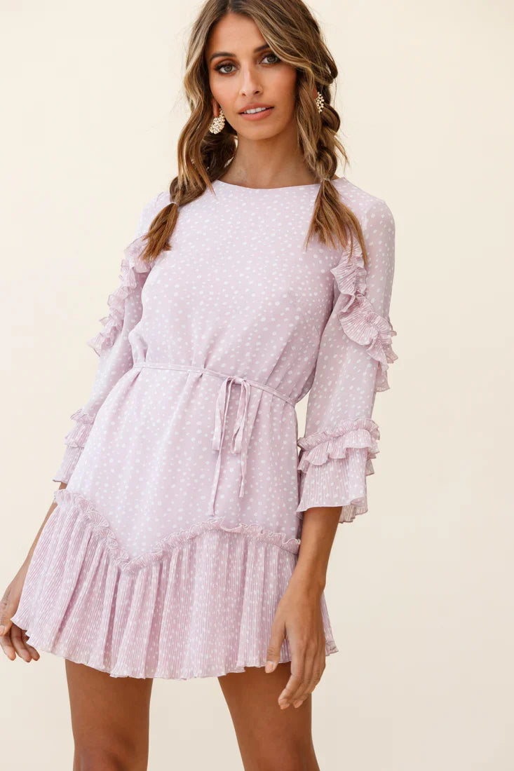 Yours Sincerely Three-Quarter Sleeve Accordion Pleat Dress Speckle Print Pink