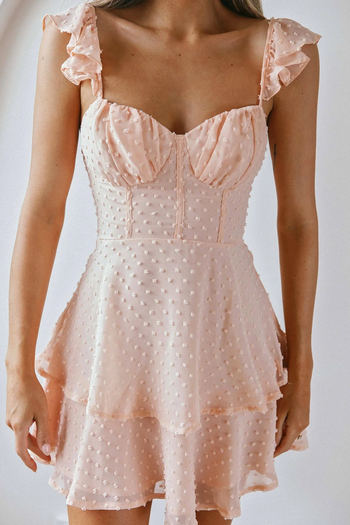Theory Sweetheart Neckline Frill Strap Mini Dress Textured Peach