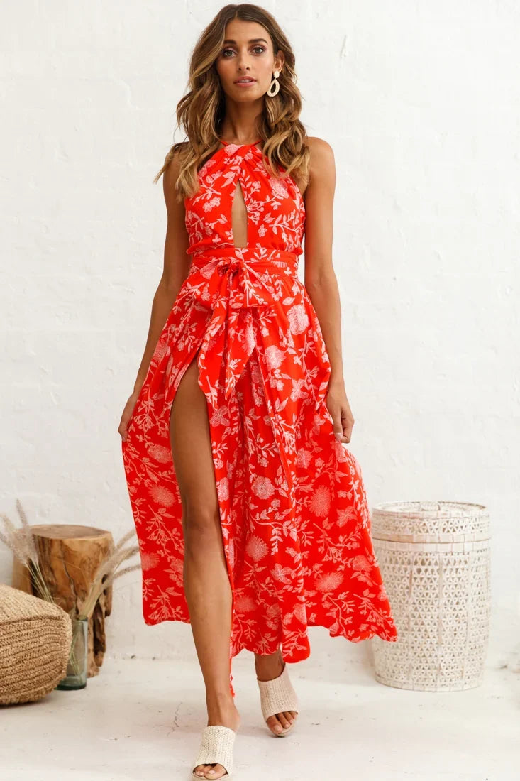 Athena High Split Maxi Dress Floral Print Red