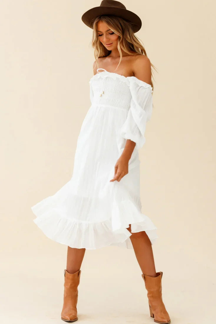 Flynn Off-Shoulder Shirred Bust Midi Dress White
