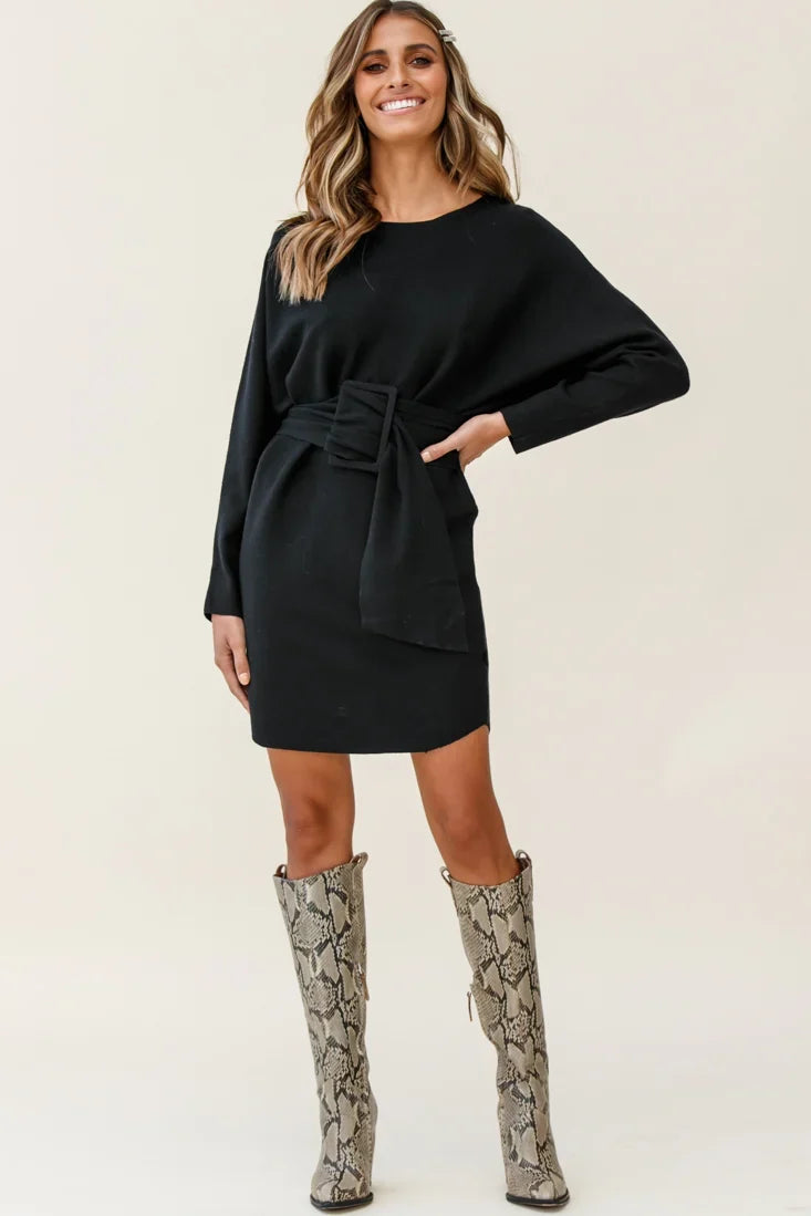 Lorelei Long Sleeve Wide Belt Knit Dress Black