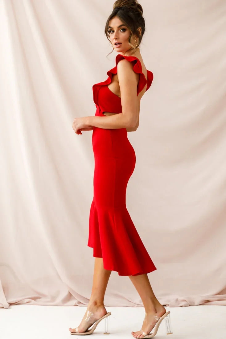 Jackie Wide Ruffle Hem Pinafore Midi Dress Red