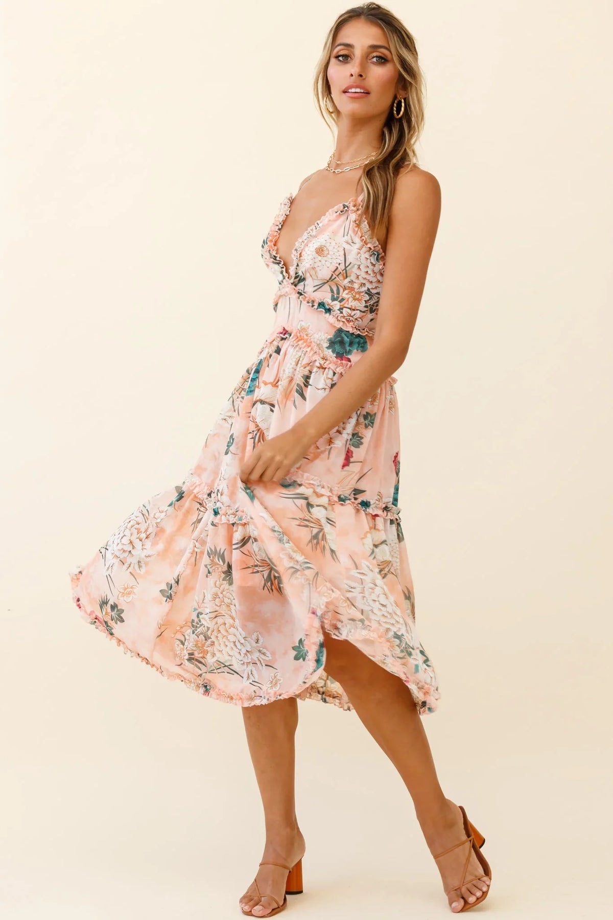 Laney Low Back Cami Strap Midi Dress Botanical Print Orange