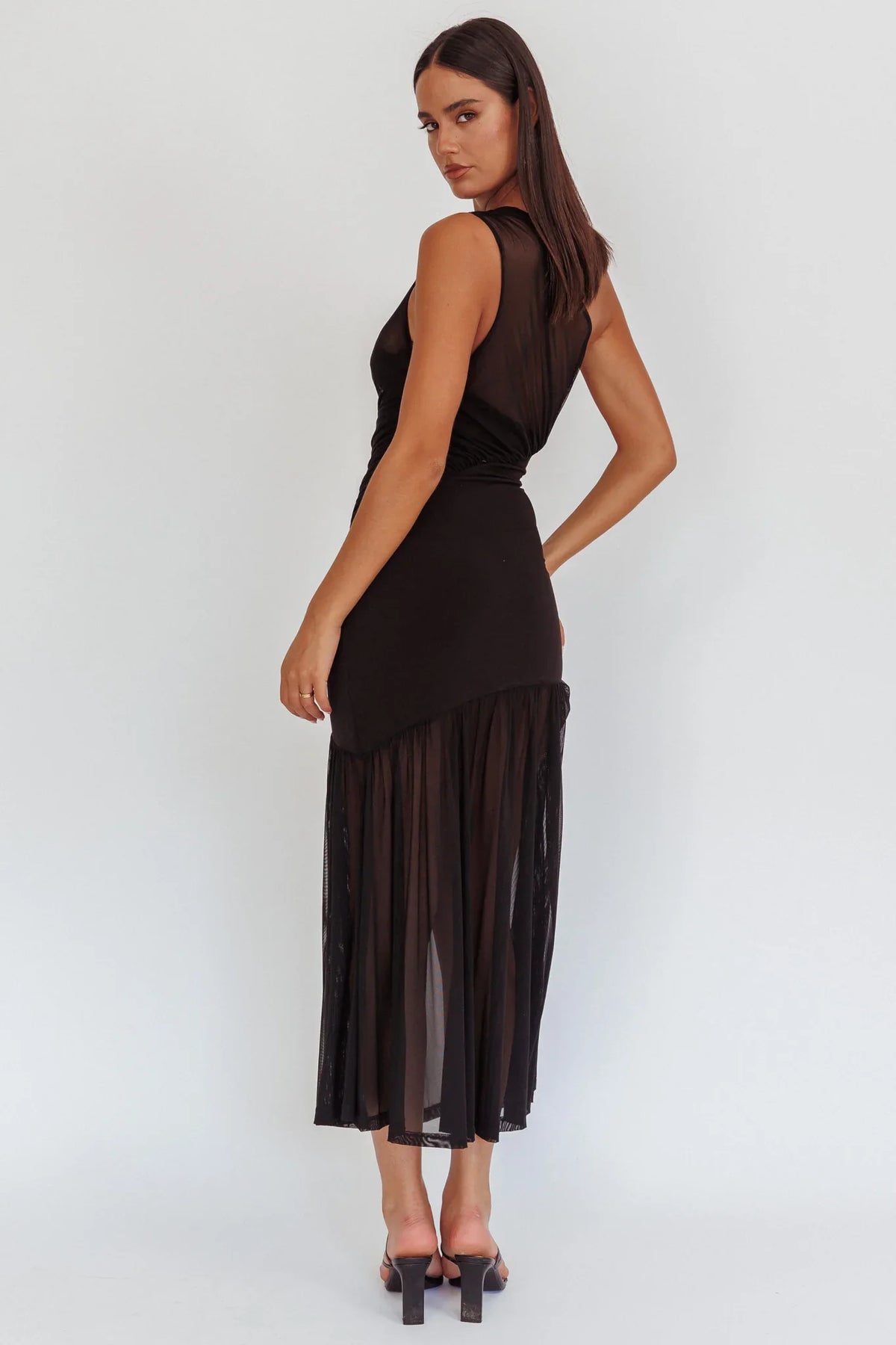 Passion One-Shoulder Mesh Maxi Dress Black