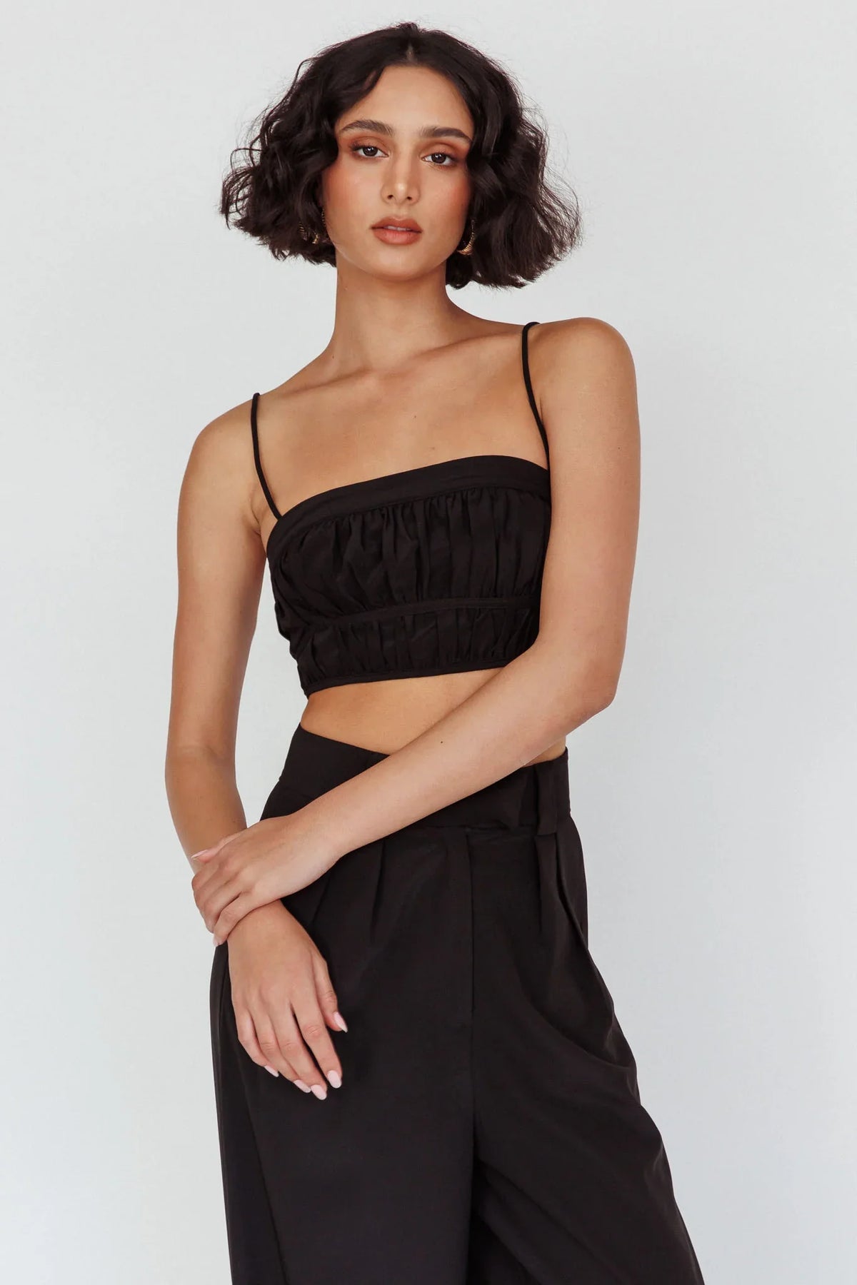Regal Ruched Cami Crop Top Black